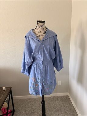 Anthropologie Sky Blue Hooded Trench with Floral Embroidery